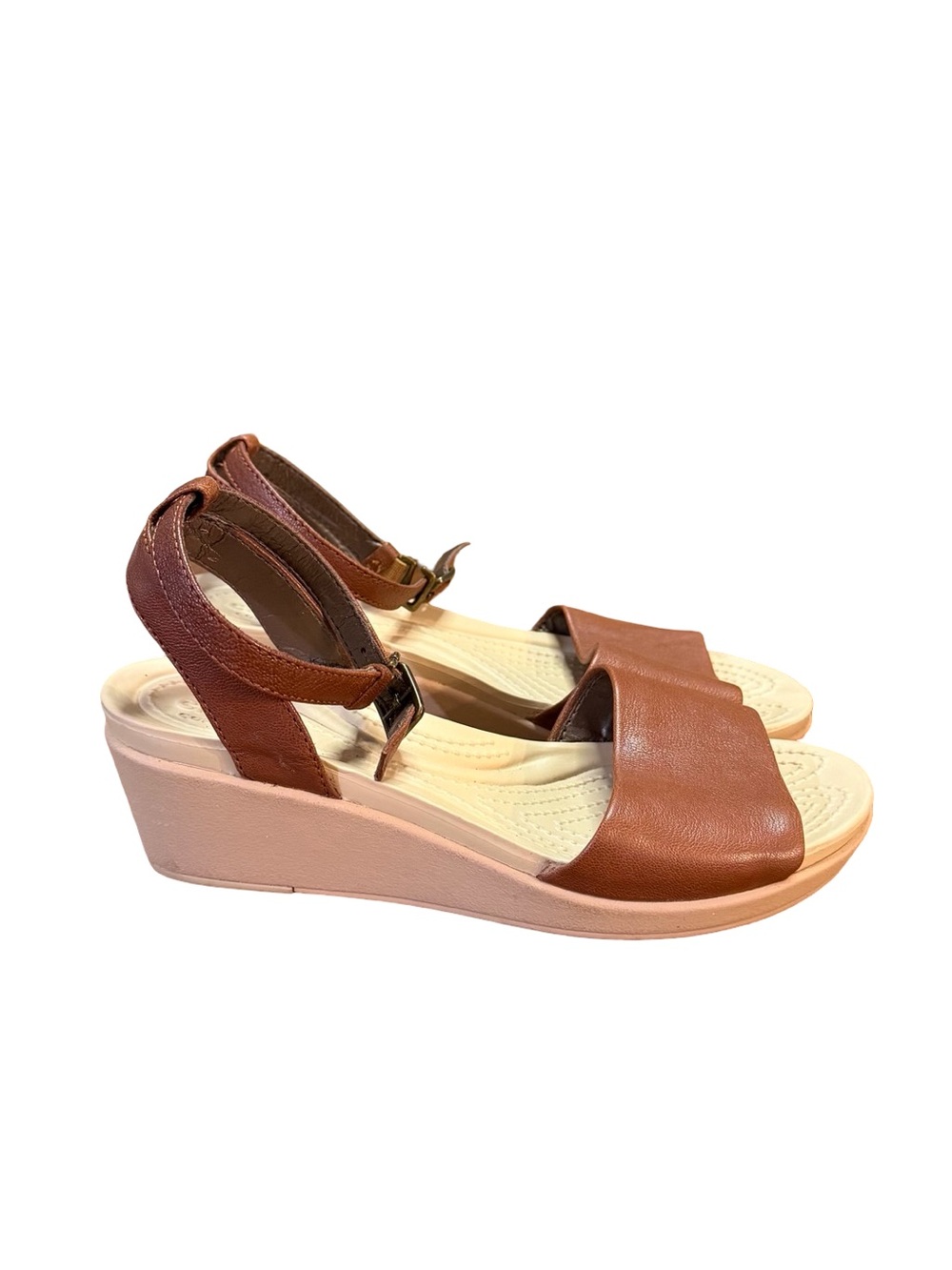 Crocs Leigh-Ann Ankle Strap Leather Wedge Sandals  Brown/Tan Women’s Size 6